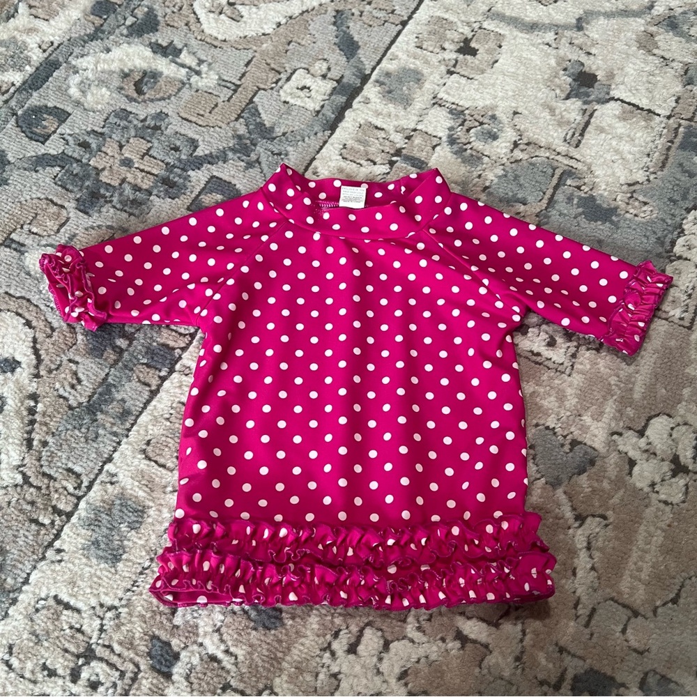 Ruffle Butts Pink and White Polka Dot Rash Guard